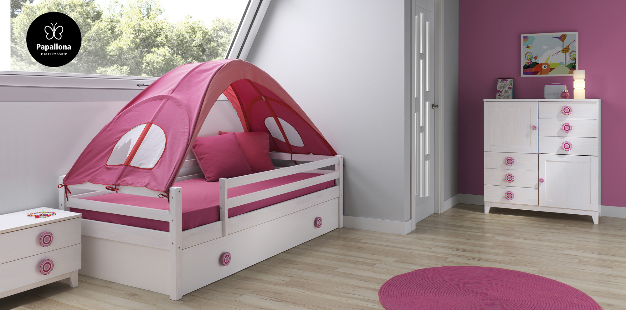 Детская розовая кровать с выдвижными ящиками